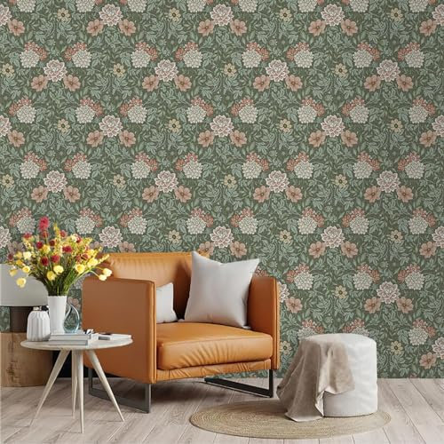 Selbstklebende Tapete Vintage Grüne Blumen Strukturtapete Wandtattoo Schlafzimmer Tapete Selbstklebend Vliestapete Wallpaper for Living Room Tapeten Leicht zu Entfernen Wandschutzfolie 45x300cm