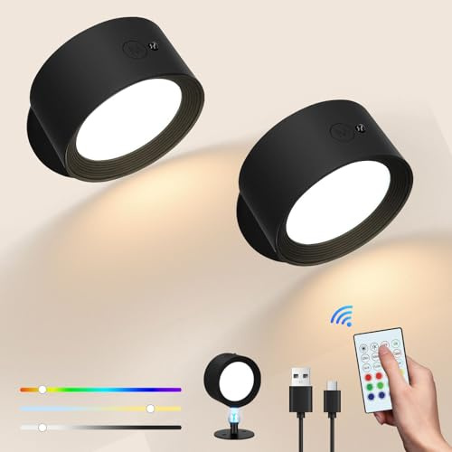 UrbanHomes Wall Light LED Wall Lamp, 2 Pack Rechargeable Magnetic Mounted Reading Light with Remote and Touch Control, 360° Rotation Spotlight Dimmable Wireless Wall Sconces for Bedroom Picture