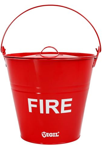 Vigil Metal Fire Bucket with Lid - Galvanised Bucket with Handle, Metal Bin for Fire Safety (Capacity - 10 Litre) - Red