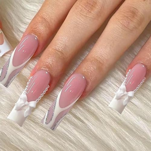 24 Pcs French Press On Nails - Long Square Design with Bow and Pearl, Full Cover Acrylic Tips for Women Girls Valentine's Day Art