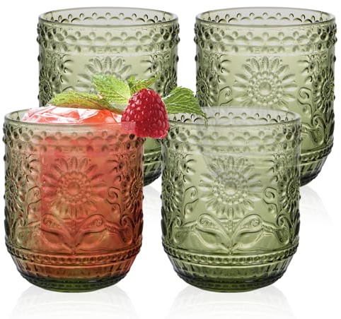 Lot de 4 verres à eau vintage multicolores en verre coloré de 380 ml - Passe au lave-vaisselle - Design moderne en relief - Pour le camping, les fêtes, le quotidien, le bureau, les dîners de famille
