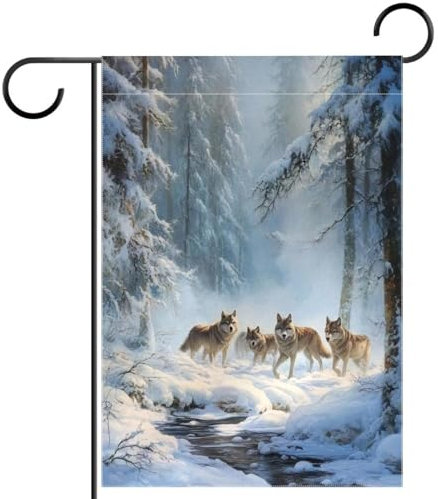 Gartenflagge, 71,1 x 101,6 cm, doppelseitige Willkommensflagge für Hochzeit, Zuhause, Outdoor, Garten, Dekoration, Wolf im Winter, Wald, Schneestrom