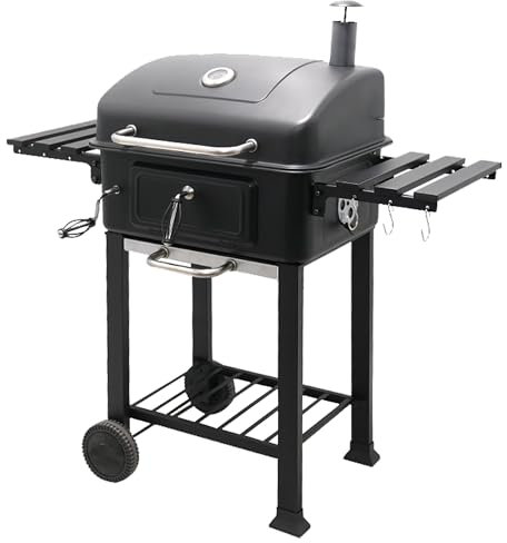 House Of Home XL Charcoal BBQ Smoker with Side Tables – Barbecue Grill for Outdoor Cooking – Adjustable Chimney For Airflow Control, Portable & Durable – Extra Large Black Garden BBQ Grill