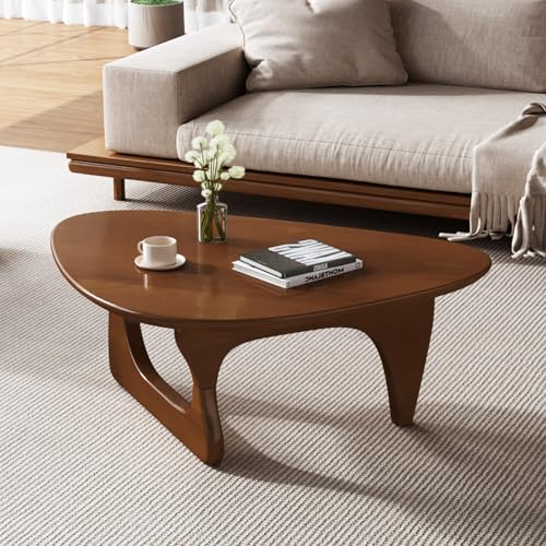 Wood Coffee Table, Mid Century Modern Triangle Coffee Table for Living Room, Rustic Solid Wood Legs and Tabletop, Farmhouse Walnut Accent Center Table for Small Spaces