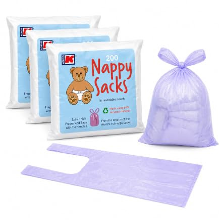 Kordis 600 Baby Nappy Bags - 3 Packs of 200 Bags with Tie Handles, 80% Recycled Material, Scented Nappy Disposal Sacks, Lilac, Strong & Durable for Home & Travel 29.5cm x 36cm