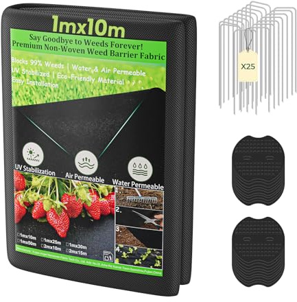 OUNUO 100GSM Heavy Duty Weed Control Membrane 1 m x 10 m with 25 Securing Pegs Garden Weed Barrier UV Protection Weed Fabric for Patios Garden Flower Beds Landscaping Black Fabric Ground Cover