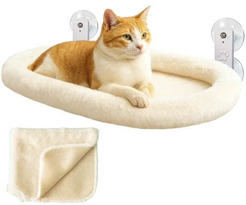 TOFI PETS Hamaca Gato Ventana con Cojín + Funda Manta para Gatos + Montaje Pared | Cama Ventana para Gatos pequeños y Grandes. Reversible Verano Invierno | Cama Gato Beige