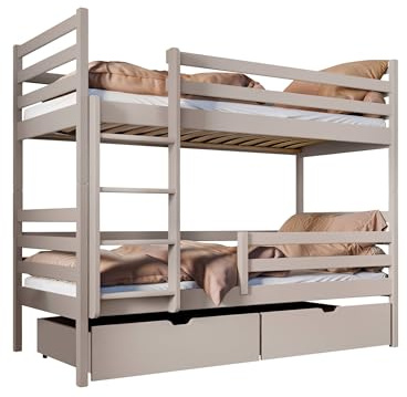 Mirjan24 Etagenbett Jupiter, Hochbett mit 2 Schubladen, Kinderbett mit Lattenrost, 2 in 1, Bettrahmen aus Kiefernholz, Stockbett, Farbauswahl, Kinderzimmer (Cashmere, 80 x 180 cm)