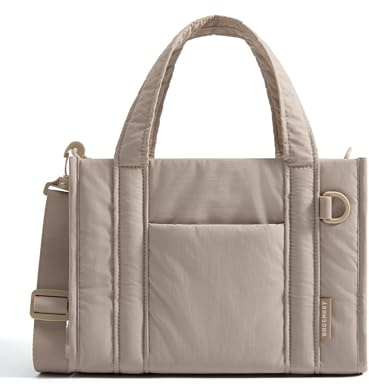 bagsmart Handtasche Damen Tote Bag Mini 6L, Puffer Tasche Schultertasche Umhängetasche mit Reißverschluss, Leicht Shopper Tasche für Arbeit Schule Reise Uni Alltag, Kamel, S
