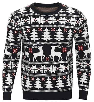 Bresdk Jultröja, herr, jultröja med rund hals, jultröja med renmönster, varm stickad tröja, jultröja familjeset för julfest, svart, L