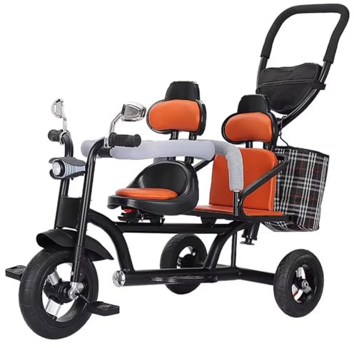 Tandem Tricycle with Headlight for 3-8 Years Old Boys and Girls,Twins Kids trikes with Parent Push Handle,Dual Seats Stroller,Rear seat with Sponge guardrail,Titanium Wheel