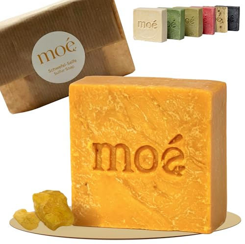 Moè Schwefel Seife Vegan ohne Zusatzstoffe (Passt zu jeder Haar-, Gesicht- & Körperpflege) ca. 115 g | Feste Duschseife