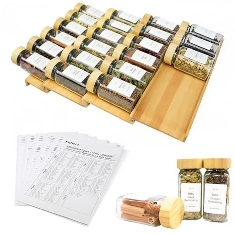 KitHero Spice Drawer Organizer with 24 Bamboo-lidded Spice Jars,216 Labels,25 Non-slip Rubber, Bamboo 4 Tier Seasoning Rack Tray Insert for Kitchen Drawers,Cabinets,Countertop,11 Wide x 15.8 Deep