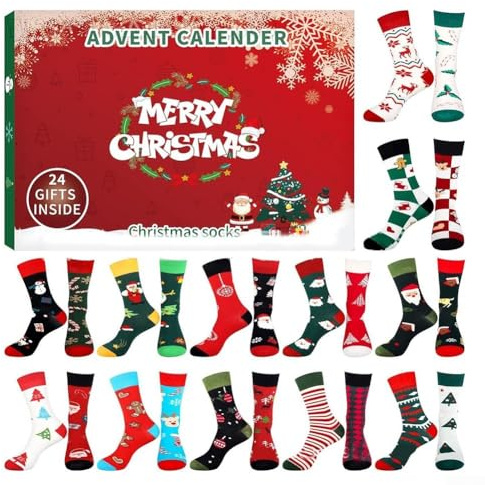 Calendario de Adviento con calcetines de Navidad con cuenta regresiva de 24 días y 12 pares de medias temáticas para uso estacional
