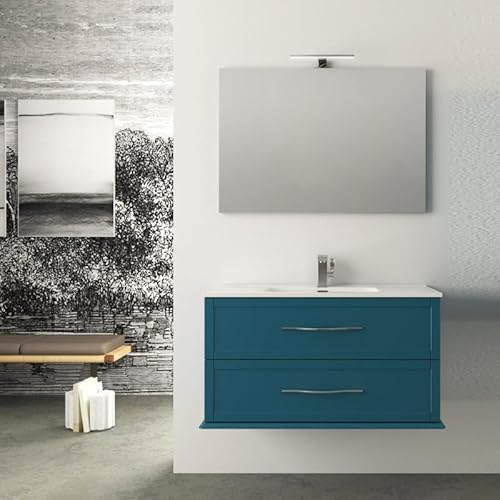 Yellowshop - Mobile bagno sospeso 100 cm MDF Ted, Mobile con lavabo in ceramica, specchio filo lucido e applique LED 30 cm, 2 cassetti in metallo con guide regolabili, maniglie cromate, Blu Petrolio