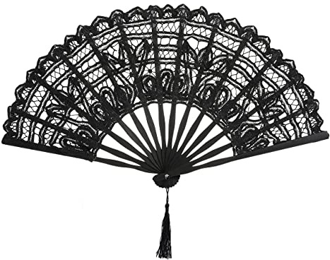 BABEYOND Vintage Spitzen-Handfächer, 1920er Jahre Gatsby Dekorative fächer mit bestickter Baumwollspitze für Braut, Hochzeit, Tanz & Party-Dekoration Schwarz | Damen fächer für 20er jahre partys, Hochzeiten & Tanz, Bestickte Baumwollspitze, leicht & elegant, Vintage-Stil (Schwarz)