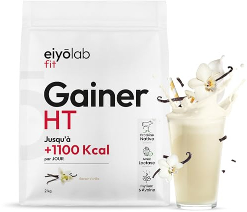 GAINER HT | 2 Sources de Protéines Natives + 2 Sources de Glucides + MCT | Gainer Prise de Masse Musculation | Whey + Caséine + Maltodextrine + Psyllium | Boisson Shaker Goût Vanille | 2 kg | Eiyolab
