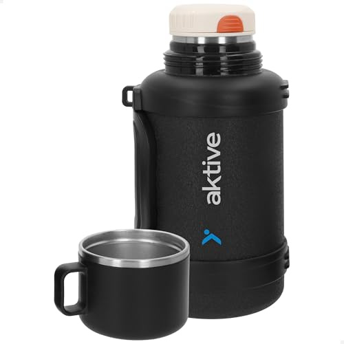 AKTIVE Botella térmica acero inoxidable, 1,6L, Negro, Mide 14x13x26 cm, Tapón hermético antifugas, Incluye taza, Asa y correa, Libre BPA, Base antideslizante, Botellas termo (63134)