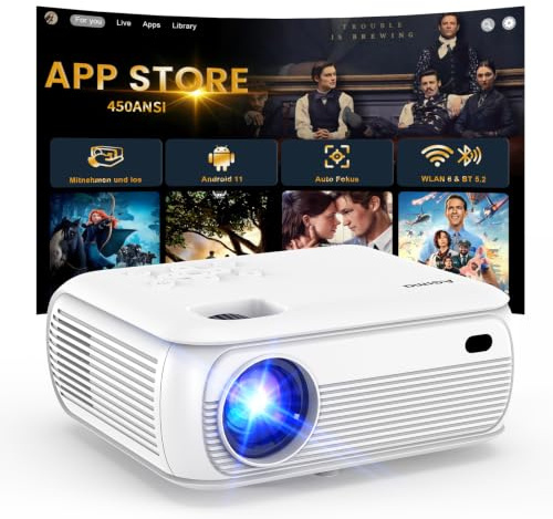 Mini Vidéoprojecteur WiFi et Bluetooth, 1080P Natif, Support 4K, Haut-parleurs Premium, Smart Android TV OS, Wi-Fi 6, Bluetooth 5.2 et Correction Trapézoïdale Automatique, Blanc