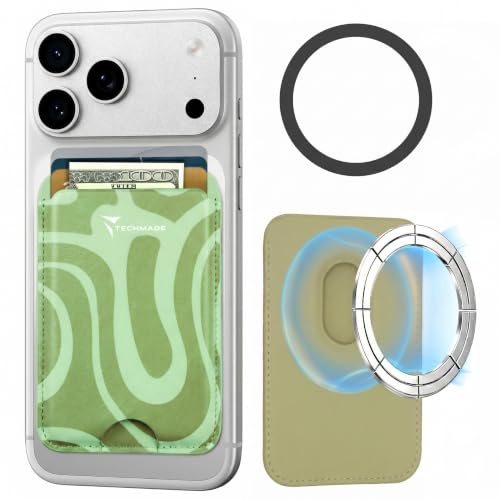 TECHMADE Korthållare kompatibel för iPhone, adapterring ingår - plats för 3 kort eller kontanter, snabbt utdragningssystem - RFID-blockering, veganskt konstläder, Fantasy grön, Taglia Unica