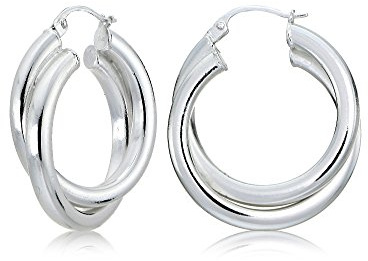 Sterling Silver Square-Tube 20mm Crossover Double Round Hoop Earrings