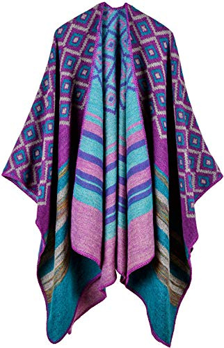 Shmily Girl Femme Cape Poncho Extra Large écharpe Châle Blanket Poncho Automne Hiver (One size, Rayures en treillis/Violet)