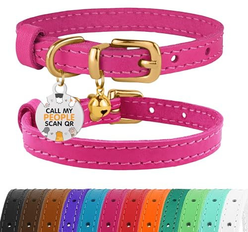 CBROSEY BronzeDog Collar de Piel para Gato con Hebilla de latón, Ajustable, de la Marca, Gatos, Color Negro, marrón, Rosa, Morado, Rojo, Turquesa