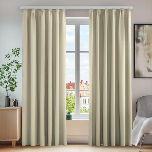 Deconovo Set med 2 gardiner veckband mörkläggningsgardin entrédörr gardin fönster hem termisk gardin anti-kyla kök kök matsal mörk beige 140 x 175 cm