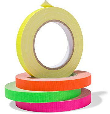 Gewebeband Gaffa, neonfarbenes Klebeband-Set aus PE-beschichtetem Gewebe, stark haftendes Gaffa-Tape mit Naturkautschuk, 4 Rollen 15 mm x 25 m, gelb, orange, grün, pink