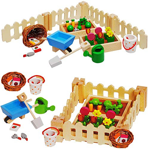 alles-meine.de GmbH 32 Teile - XL Set: Gartenset - Mein Kleiner Garten - Miniatur - Gartengeräte + Schubkarre + Gießkanne + Gartenzaun - Maßstab 1:12 - Minigarten - für Puppenstu..