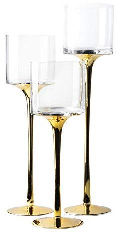 Royal Imports Glass Candleholder Flower Vase, Floating & Pillar Candle Centerpiece Display, Decorative Hurricane on Pedestal for Home or Wedding Set of 3, Gold