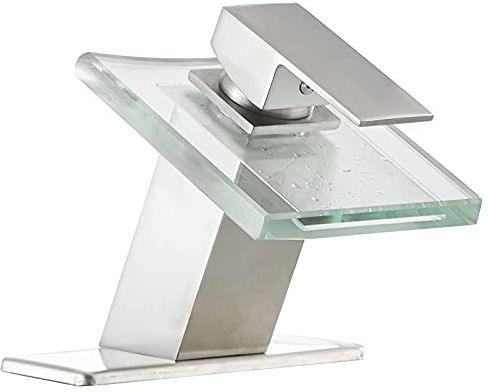 BWE Waterfall Bathroom Faucet Brushed Nickel Glass Spout Bathtub Sink Faucets with Supply Lines Single Handle Single Hole Modern Lavatory Vanity Bath Mixer Tap