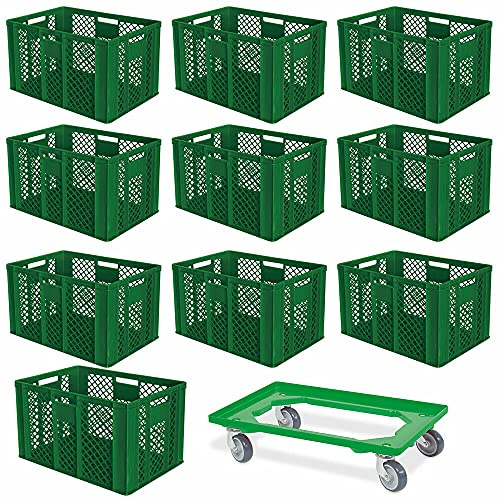 BRB 10er SPAR-Set Euro-Stapelbehälter PLUS Transportroller, 600x400x410 mm Industriequalität lebensmittelecht grün
