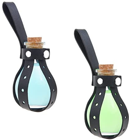Eco-Fused 2x Bottiglietta per Pozioni Cosplay - Trasparente Sferica Cosplay, Accessorio per Costume da Mago, Strega - Tappo in Sughero, Supporto a Guaina in Finta Pelle Nera, Passante per Cintura