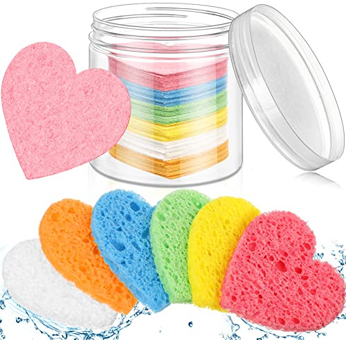 Nuenen 60 Pcs Heart Facial Sponges with Container, Multi Colors | Compressed Face Sponges, Heart Shaped Expands with Water, Washing Face, Makeup Removal, Esthetician Care, Storage Container
