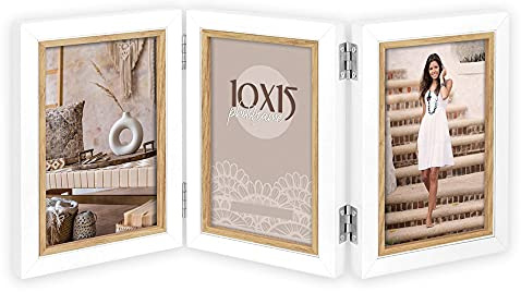 matches21 Bilderrahmen Klapprahmen Rahmen Fotos & Bilder Holz weiß Innenkante Hellbraun klappbar 3 Bilder - 1 STK 10x15 cm