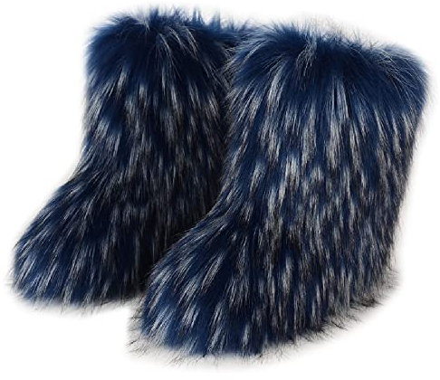 Cheuling Women's Faux fur Boots Winter Mid-Calf Warm Snow Boots Fuzzy Fluffy Furry Comfy Short Boots Indoor Outdoor Flat Boots, Denim Blue, 6 UK