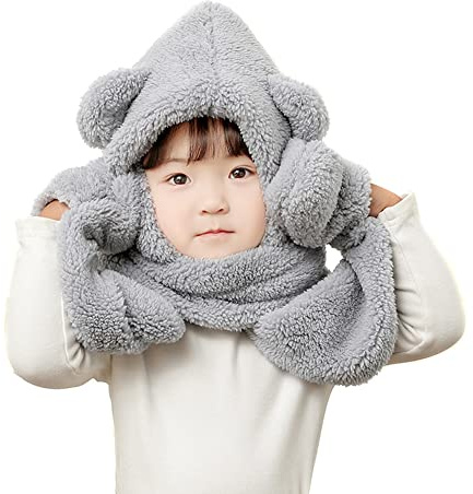 Winter Faux Fur Hood Hat Scarf and Gloves for Kids, 3 in 1 Lamb Wool Hooded