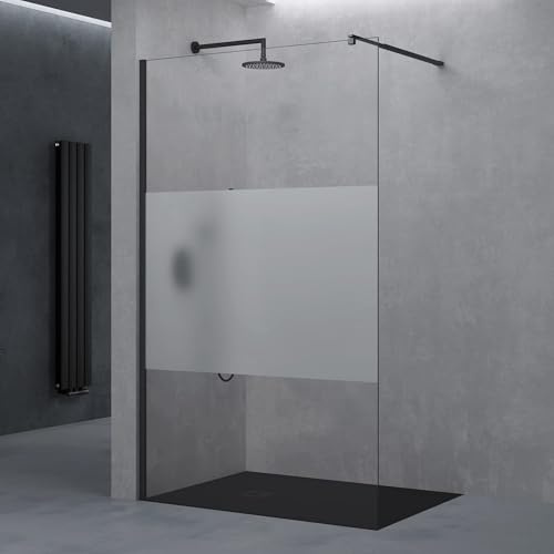 doporro Parete Doccia Walk-In 150x200 cm Senza Porta con Barra Telescopica | Vetro Temperato con Fascia Satinata 8 mm, Profilo Nero Opaco 0-15 mm, Supporto Inox 70-120 cm, Trattamento Anticalcare