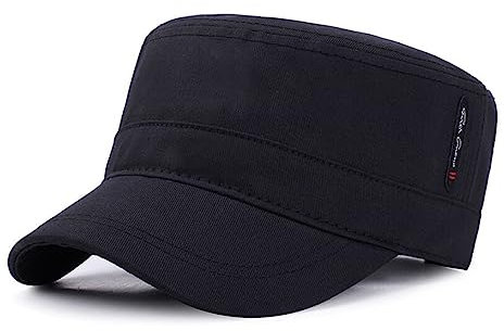 QI YUAN Army Military Cap Herren Kappe Baumwolle Plain Flat Cadet Hut Outdoor Militärmütze mit Schirm (Schwarz)