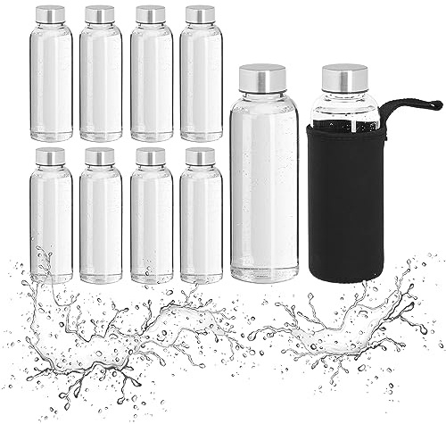 Relaxdays Trinkflasche Glas 10er Set, 360ml, auslaufsicher, spülmaschinenfest, Hülle, Wasserflasche, transparent/schwarz
