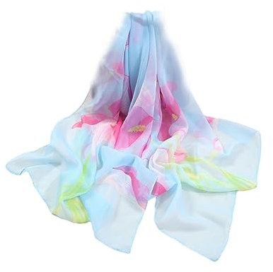 Rfmfkkg Langer Chiffon-Schal für Damen, Blumendruck, Satin, langer Schal, hellblau, One size