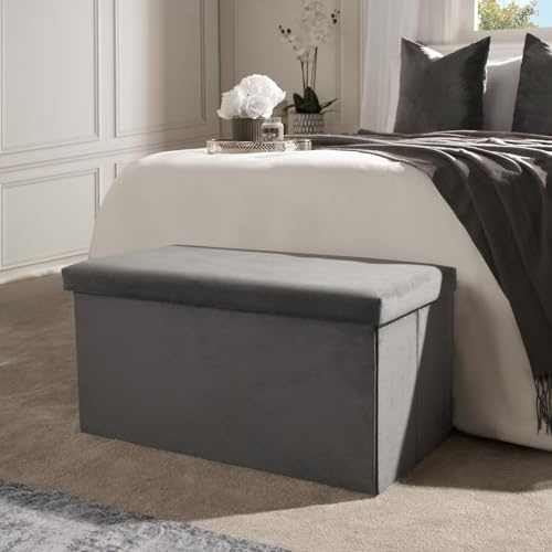 OHS Large Ottoman Storage Box, Matte Velvet Foldable Storage Ottoman Bench with Lid Footrest Stool End of Bed Bench Blanket Box Easy Assembly Sturdy Ottomans for Living Room Bedroom, Charcoal Grey