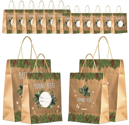 Sacchetti Regalo Natale Grandi in Carta Kraft Vischio - 12 Buste per Regali Natalizie con Manici - Borse Doni Natalizi Originali - Sacchetto di Natale Originale