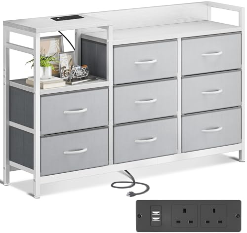 ODK Chest of Drawers Bedroom, 8 Fabric Drawers, Light Grey, 30x132x88cm