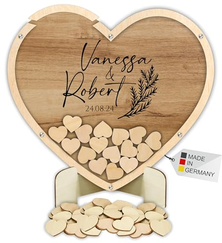 Manschin-Laserdesign Gästebuch Drop in aus Holz und Acrylglas zur Hochzeit, personalisiert, Wunschgravur, Wunschfarbe inkl. Herzen (Holz)