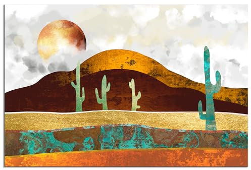 decomonkey - Tableau Acoustique Paysage 90x60 1 Pièce - Impression sur Toile Décoration Maison Isolation Peinture Image Phonique Déco Bureau Cactus désert paysage soleil sable chaud or