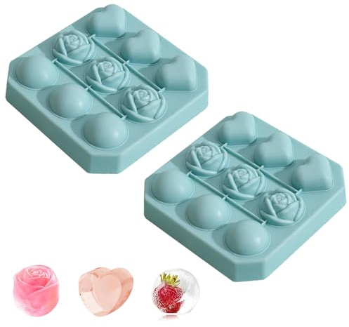 YXHZVON Eiswürfelform mit Herzen, Rosenform und Runde, 9 Hohlraum Ice Cube Tray mit Deckel, BPA Frei Silikon Eiswürfelbehälter, für Whisky, Cocktails und Gekühlte Getränke (Blau)