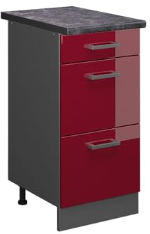 Vicco Küchenunterschrank R-Line, Rot Hochglanz, 40 cm | 3 Schubladen · AP Anthrazit inkl. · Höhenverstellbare Füße · ✓ Leichter Zugriff · ✓ Frei kombinierbar