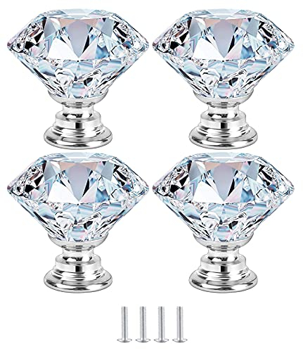 SFNIOKFG 4 Pcs Door Knob 30mm Crystal Glass Door Cabinet Knobs Diamond Cut Drawer Handles for Cupboards Wardrobes Drawers Home Decoration with Screws (Silver)